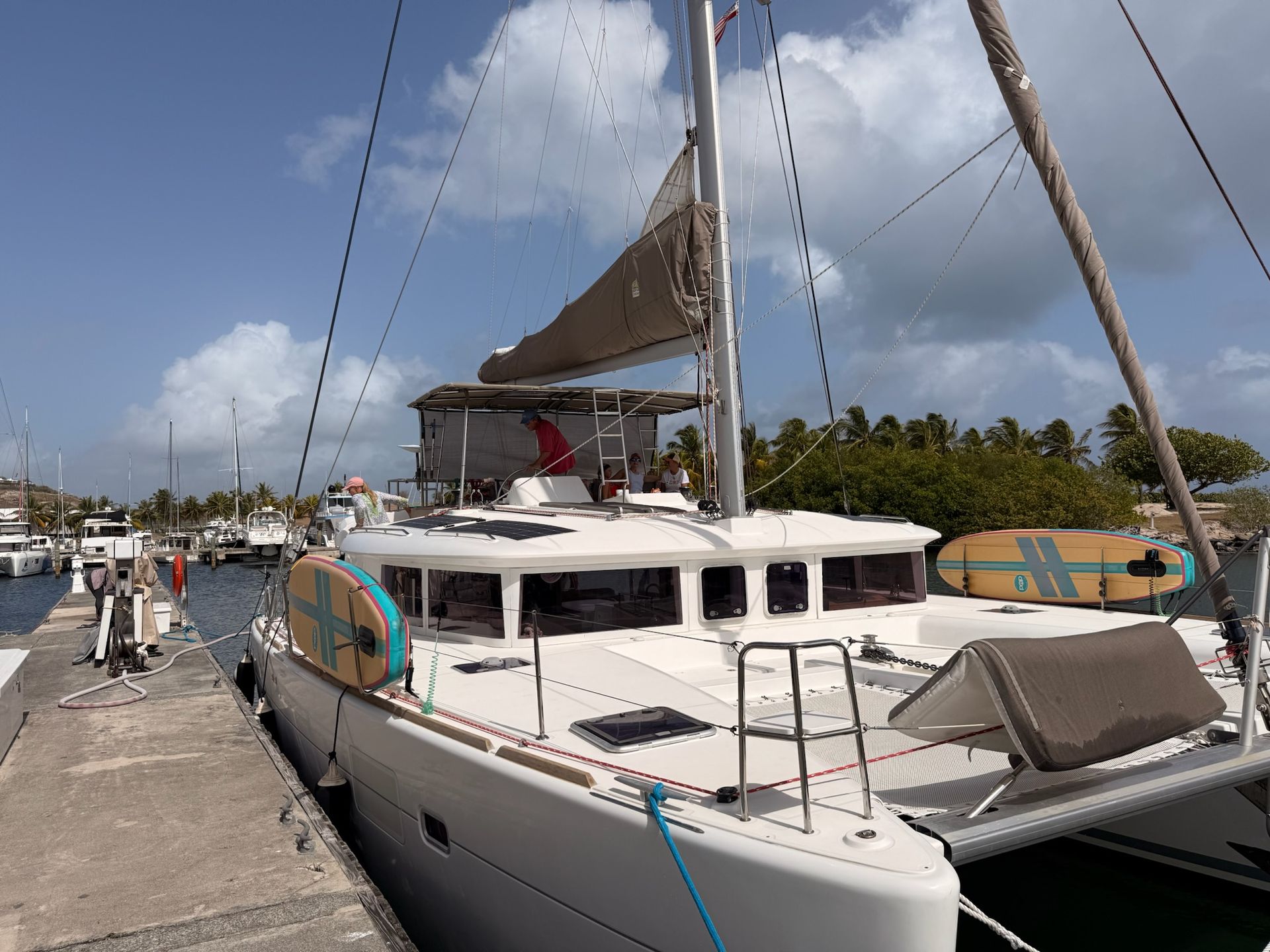 Great Adventure dockside, showing the forward deck and flybridge