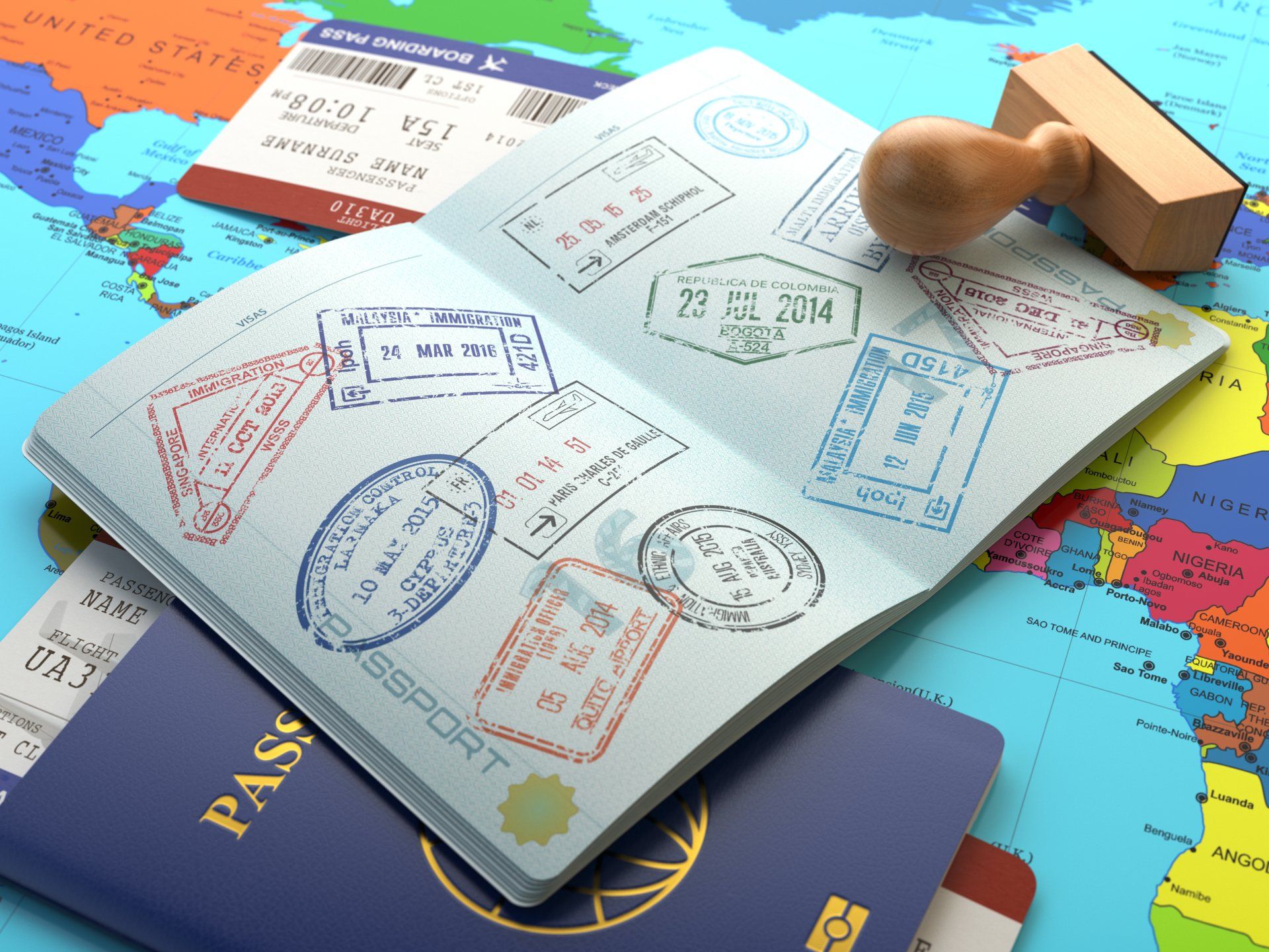 Passports and travel documents on a map